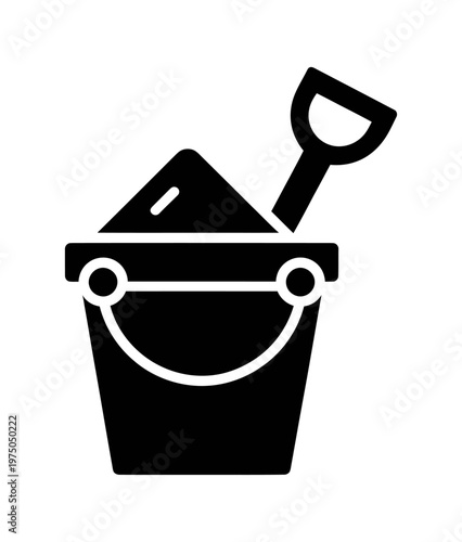 Vector icon featuring a bucket filled with sand and a shovel sticking out