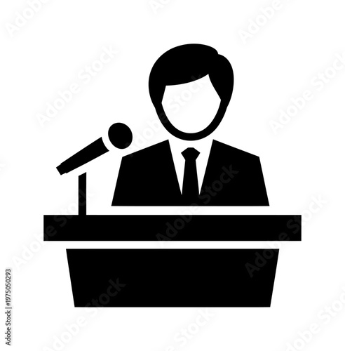 Vector of a man in a suit speaking into a microphone at a podium.