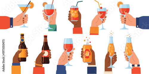 Collection of Diverse Hands Holding Colorful Drinks Including Cocktails Wine Beer and Soda for Celebration Party Social Gathering Vector Illustration