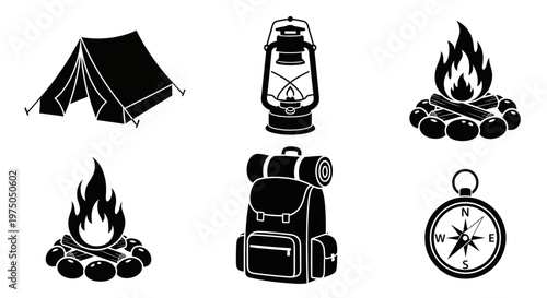 Camping gear and outdoor equipment icons.