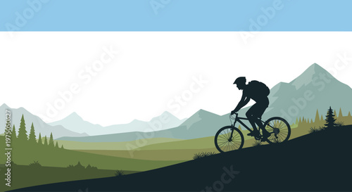 Silhouette of a mountain biker riding uphill with a backpack and helmet.