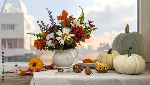 A vibrant autumnal scene presents a flower arrangement and pumpkins by a window, with leaves and other decor