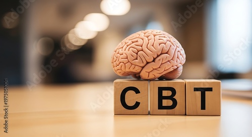 A brain model atop wooden blocks spelling 