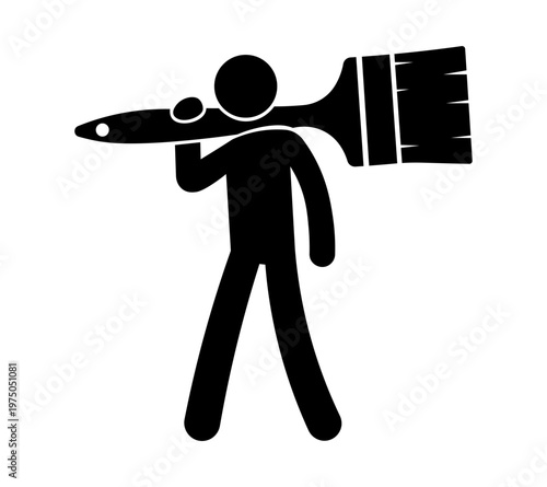Stickman Holding Paint Brush – Painting Worker Tool Silhouette Vector Icon.