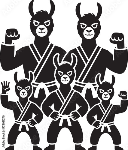 5 llamas in martial arts uniforms vector illustration showing karate fighting poses for design