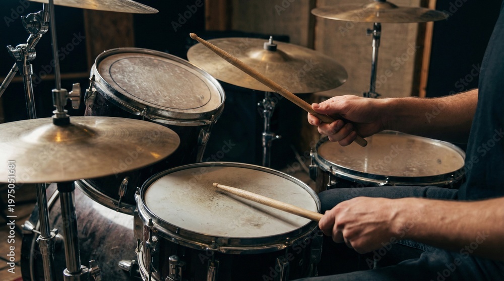 Fototapeta premium Man playing drums with sticks in a music studio indoors