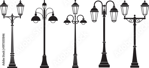 Vintage street lamp set isolated on white background, decorative outdoor lighting vector illustration
