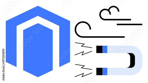 Branding, business identity, energy flow, magnetic attraction, physics principles, company . A blue hexagon, magnet and wind lines. Branding and energy flow concepts