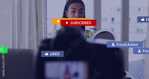 Creator clicking notifications, badges over DSLR then clearing for beauty lip demo using mirror