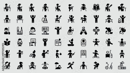 Set of 64 Black Human Activity Silhouettes Vector Icons