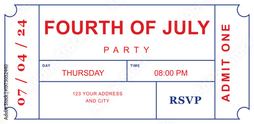 Fourth of July party ticket vector, vintage patriotic event invitation, red white and blue admission stub for Independence Day celebration