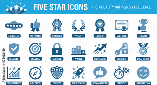 Collection of twenty five star icons in blue and white colors for ratings and excellence