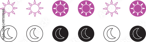 Sun and moon icon set, day night mode toggle buttons vector illustration brightness dark mode user interface settings pictogram