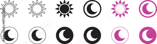 Sun and moon icon, day and night mode adjustment vector illustration brightness dark mode toggle UI settings sign