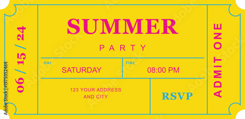 Retro summer party ticket vector, vintage yellow event invitation with admit one text, seasonal festival pass with RSVP and date details