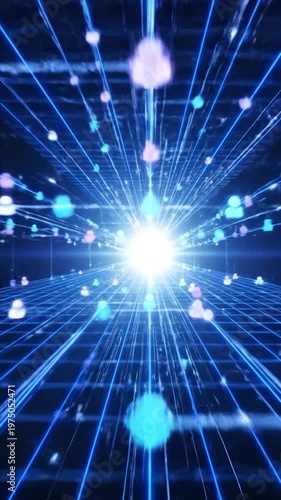 A glowing blue digital grid stretches into a bright light source within a dark virtual space