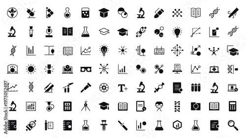 Set of 100 Science and Education Black Glyph Icons