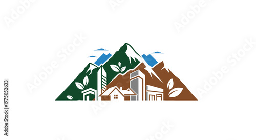 Eco-friendly Mountain City: A vibrant, eco-conscious cityscape nestled beneath towering mountains, showcasing sustainable architecture and a harmony between nature and urban living.