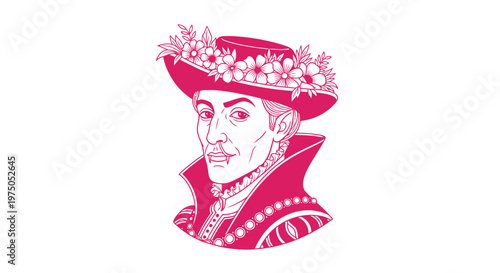 Regal Portrait: A striking illustration of a woman adorned with a flower-crowned hat and elegant attire. a timeless portrayal of refinement and beauty, exuding a sense of regal grace.