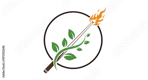 Burning Torch and Leaf Symbol: A stylized emblem featuring a burning torch intertwined with verdant leaves, encircled by a ring, symbolizing knowledge, growth, and enlightenment.
