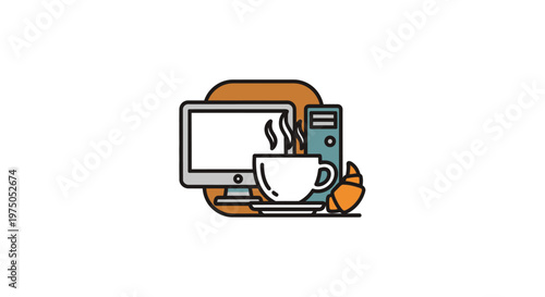 Workspace Breakfast: A stylish illustration of a workspace featuring a monitor, computer tower, coffee cup, and croissant, perfect for a productive morning. 