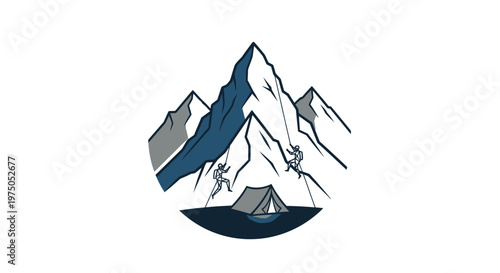 Mountain Expedition Symbol: A symbol of human endeavor, featuring a tent, a mountaineer climbing on a rugged mountain under a clear sky, and embodies the spirit of exploration and adventure.