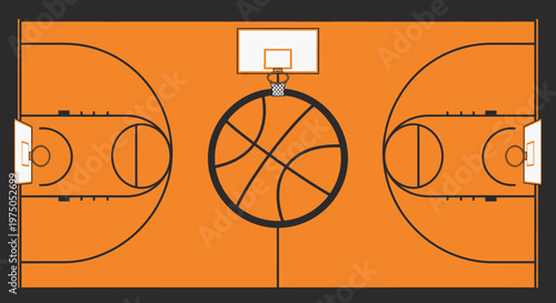 Court Blueprint: An aerial perspective of a basketball court, highlighting the key elements and strategic layout essential to the game.  The orange hue symbolizes the heat of competition.