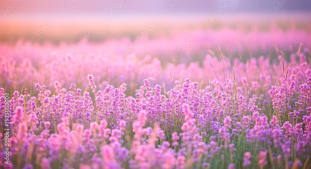 Obraz premium A field of purple wildflowers bathed in the soft glow of a sunrise or sunset
