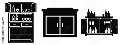 bar cabinet silhouette illustration icon set, Modern furniture vector designs.