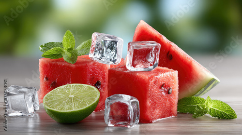 Colorful cubes of watermelon, honeydew and cantaloupe plunging into clear water, creating vivid splashes and droplets for a fresh, vibrant, hydrating summer food concept
