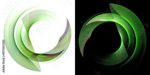 Abstract wavy striped green planes create frames on black and white backgrounds. Icon, logo, symbol, sign. Set. 3D rendering. 3D illustration.