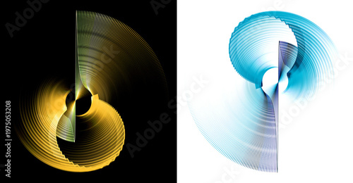 Abstract yellow and blue propellers with unusual curved striped blades spin on black and white backgrounds. Icon, logo, symbol, sign. Set. 3D rendering. 3D illustration.