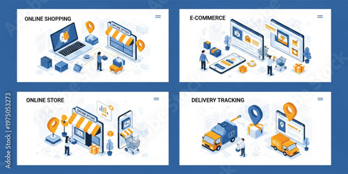 E Commerce and Online Shopping Illustration Set with Storefront, Mobile App, Delivery Tracking, Digital Payments, and Retail Business Concepts for Modern Marketplace Design