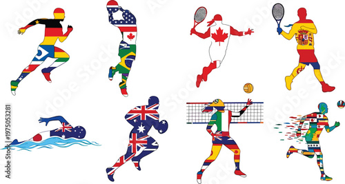 Multisport Athlete Silhouette Set with National Flag Patterns for International Sporting Events Global Championships Olympic Games Patriotic Athletics and Team Branding Graphic Designs