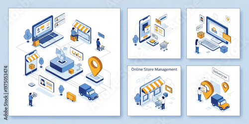 E Commerce Ecosystem Illustration Set with Online Store Management, Mobile Shopping, Delivery Service, Digital Payments, and Retail Business Workflow Concepts