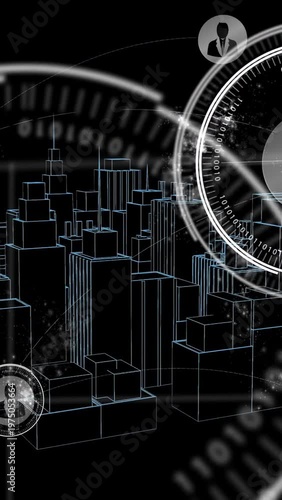 Vertical video: Wireframe city shifting as HUD rings sweeping in targeting business avatar nodes