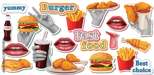 Fast Food Sticker Collection with Burger, Fries, Fried Chicken, Soda, and Lips, Colorful Cartoon Icons for Street Food Branding, Menu Design, and Advertising