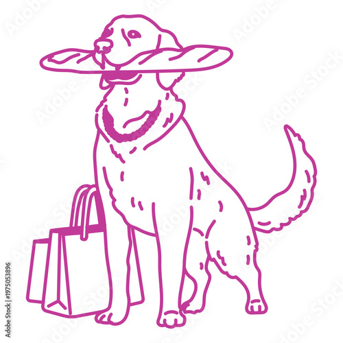 Dog carrying baguettes and shopping bags