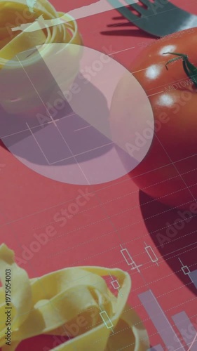 Vertical video: Camera panning flatlay showing tomato and pasta while HUD data updating for ads