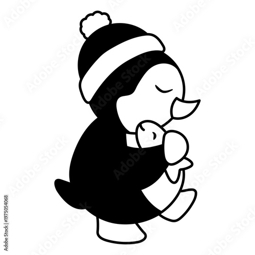 Penguin cuddling with winter hat