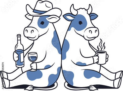 Funny Cartoon Cow Characters Drinking Wine and Coffee, Cute Farm Animal Illustration with Sitting Cows, Beverage Concept for Humor, Agriculture, and Lifestyle Design