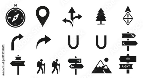 Set of black hiking and navigation vector icons for outdoor adventure.