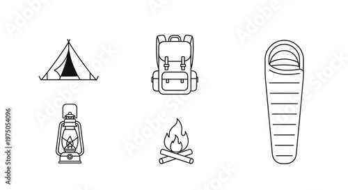Set of Minimalist Line Art Camping Icons Including Tent Backpack and Sleeping Bag.