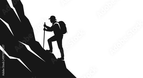 Man climbing mountain with hiking poles.