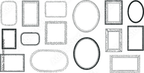 Spray paint grunge frames set, text photo logo blank labels frame shapes spray grain edges graffiti style vector rectangles rounded circles