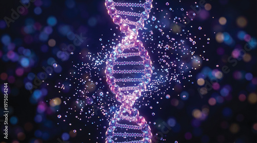 DNA double helix molecule structure made of glowing purple and blue spheres on dark background with bokeh light particles representing genetic research and biotechnology science.
