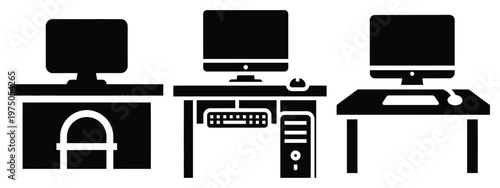 computer desk silhouette illustration icon set, Modern furniture vector designs.