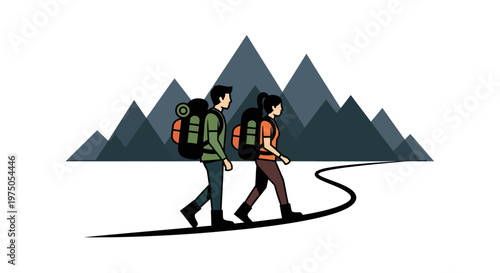 Two hikers walking on mountain trail.