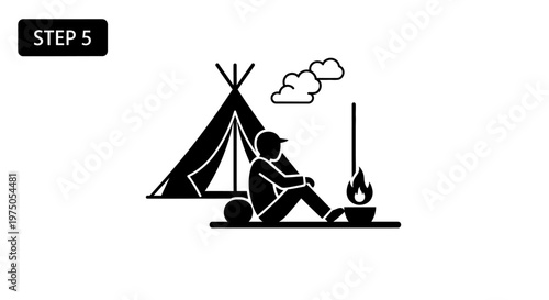 Man sitting by campfire in tent.