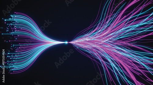 Abstract fiber optic data flow with glowing pink and blue light trails converging into central point on dark background illustrating high speed internet and energy transmission.